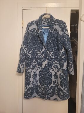 Soft Surroundings Blue Damask-Print Long Blazer